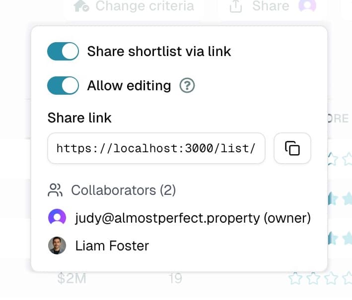 Shared shortlists screenshot